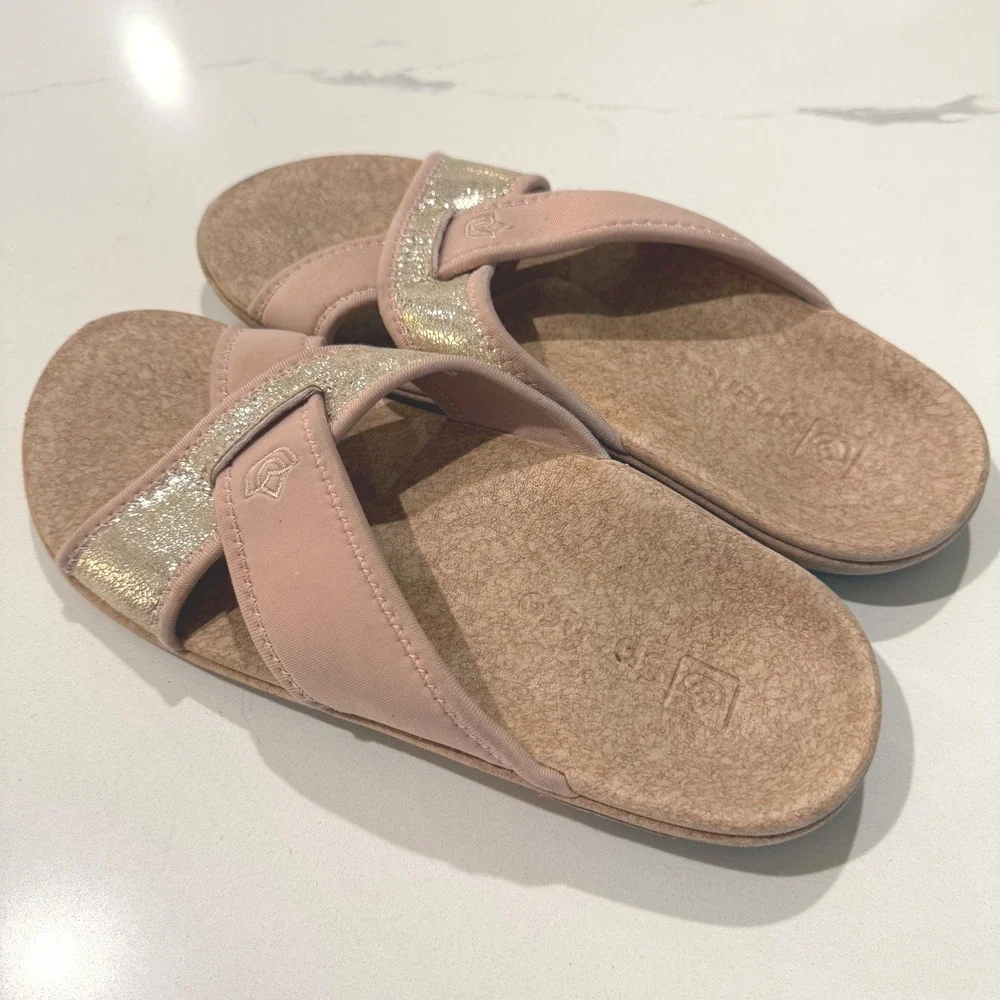 Spenco Womens Orthotic Slide Sandals Blush‎ Pink Gold Metallic Strappy Size 10